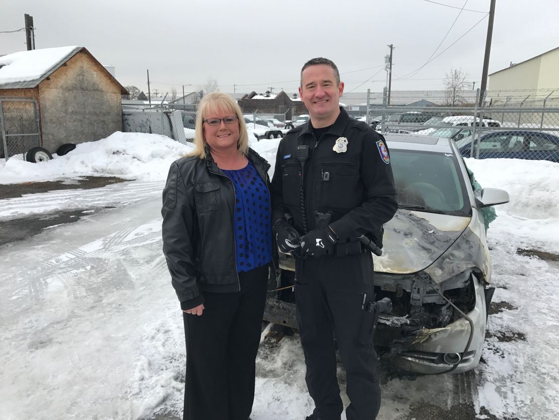 Spokane police Officer Tim Schwering freed Kim Novak from her burning car in January.