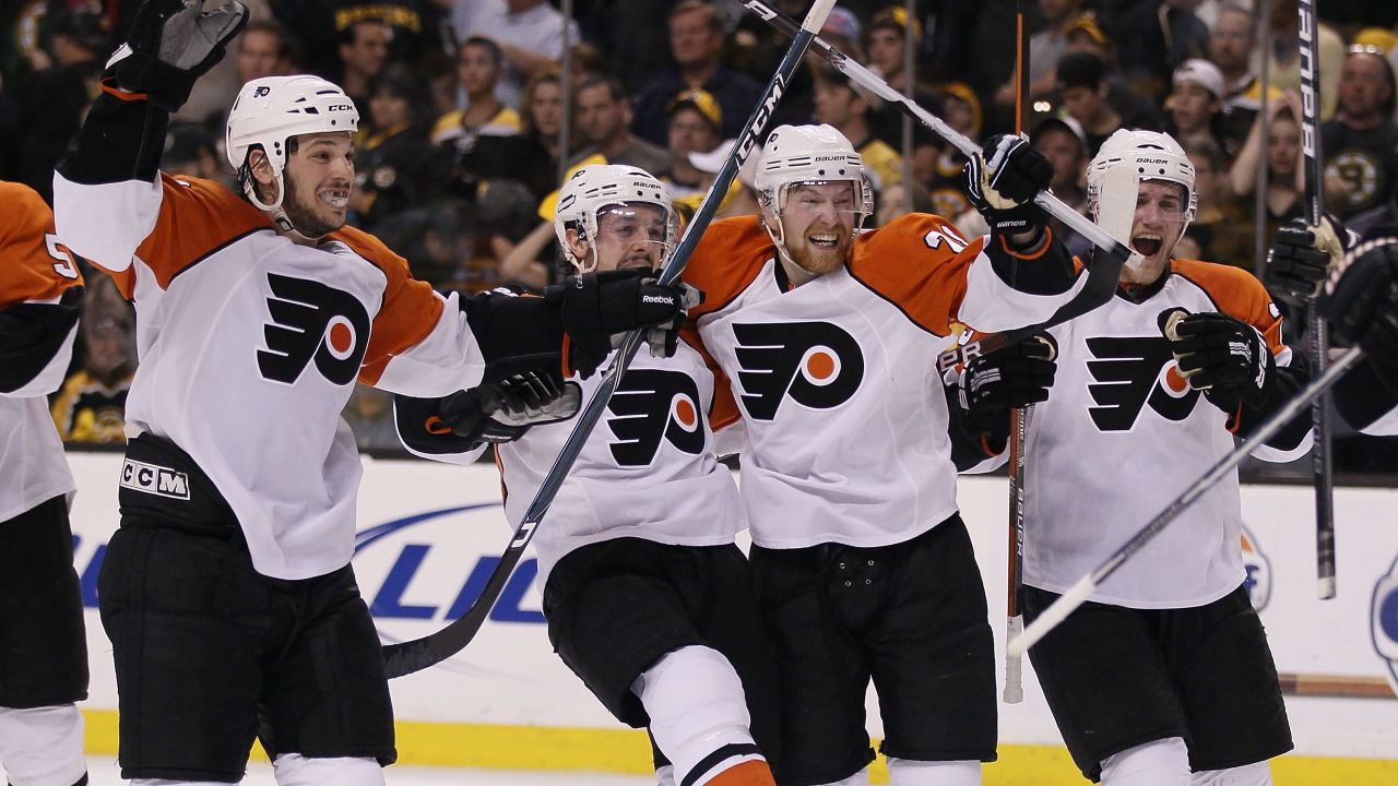 The Philadelphia Flyers celebrate a Game 7 win in the 2010 Eastern Conference semifinals. The Flyers beat the Boston Bruins in four straight games to erase a 3-0 series deficit, which had been done twice before in the NHL. But what makes this feat so interesting is that Philly also had to rally back from a 3-0 scoreline in Game 7. 