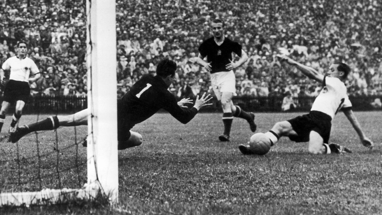 In 1954, Hungary was known as the "Golden Team," owing to their 31-game unbeaten streak. Thus, West Germany played the underdog in the 1954 World Cup final. Hungary charged to a 2-0 lead minutes after the opening whistle, but West Germany quickly equalized in the 18th minute. The score remained level until the final minutes, when Helmut Rahn fired a low shot past goalkeeper Gyula Grosics for the upset. 