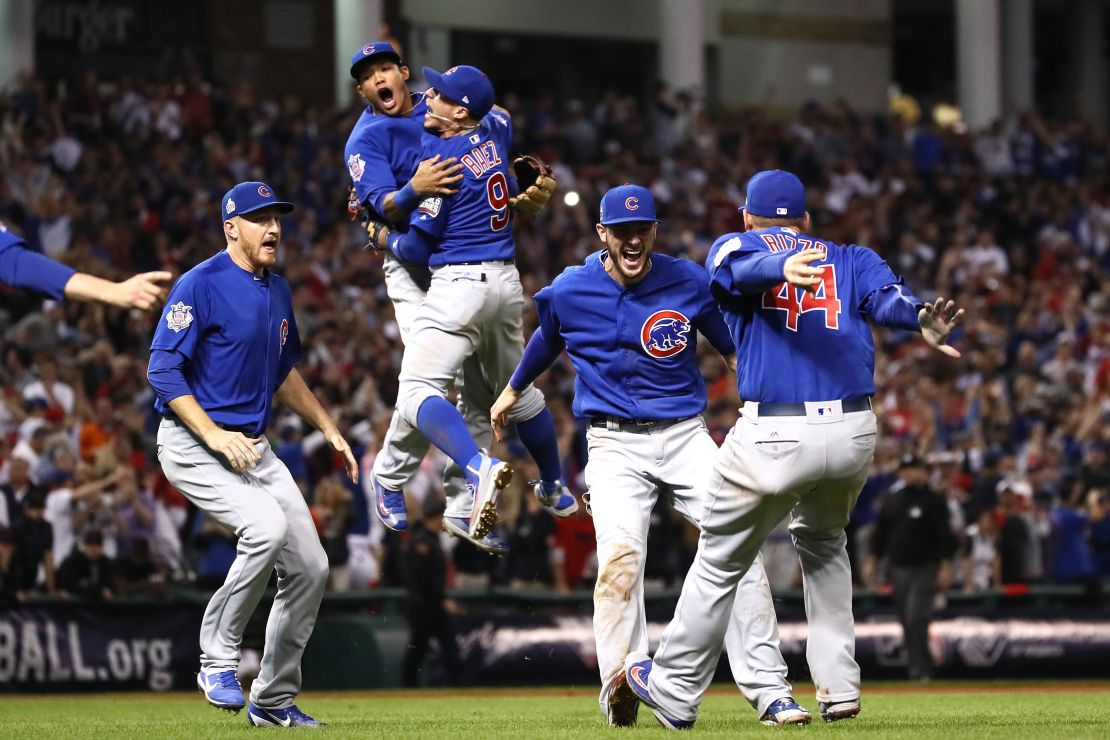 The Chicago Cubs celebrate after winning 8-7 in Game Seven of the 2016 World Series.