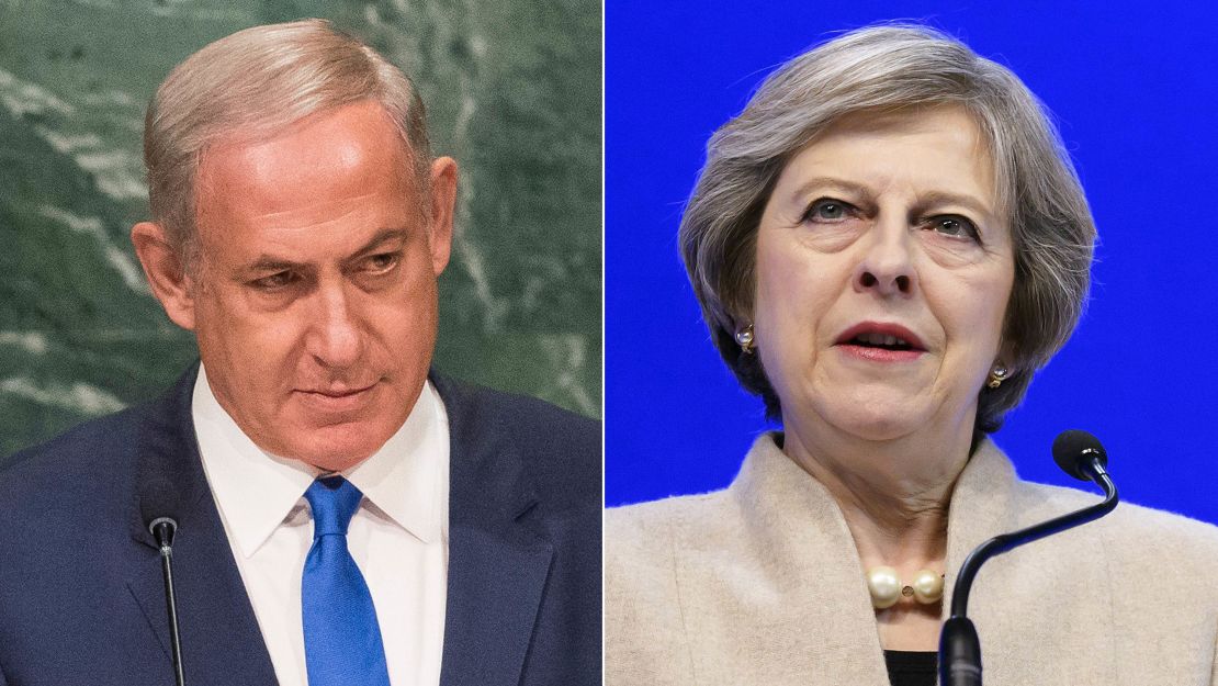 British Prime Minister Theresa May (right) is expected to tell Israel's Benjamin Netanyahu that West Bank settlements undermine the Middle East peace process.