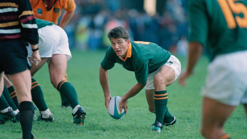 Joost van der Westhuizen of South Africa passes the ball during a pool stage match against Australia in the Rugby World Cup at Newlands, Cape Town, South Africa, 25th May 1995. South Africa won the match 27-18. (Photo by Clive Mason/Getty Images)