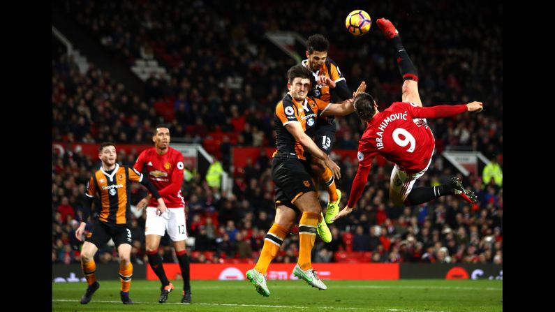 Manchester United striker Zlatan Ibrahimovic performs an acrobatic kick against Hull City during a Premier League match in Manchester, England, on Wednesday, February 1.