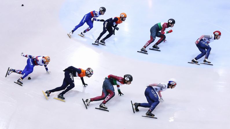 Short-track speed skaters compete in a World Cup relay in Dresden, Germany, on Sunday, February 5.