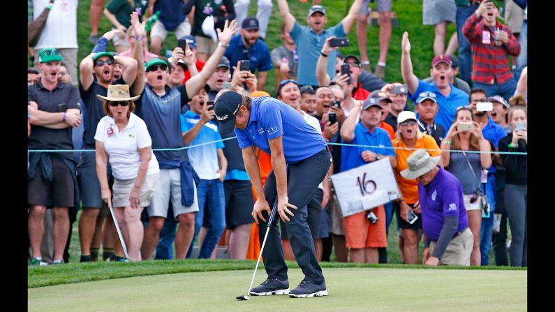 Webb Simpson reacts after missing a putt on the Phoenix Open's third playoff hole on Sunday, February 5. Hideki Matsuyama won the tournament on the next hole.