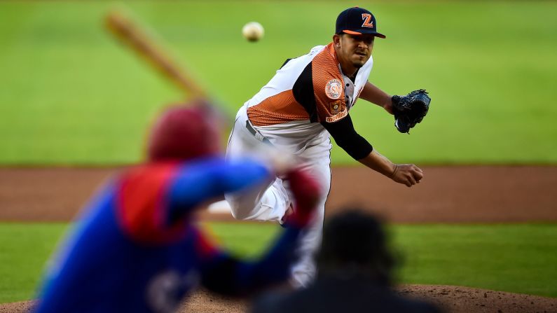 Wilfredo Boscan, who plays for Venezuelan baseball team Aguilas del Zulia, pitches against Cuba's Alazanes de Granma during the Caribbean Series on Saturday, February 4. The tournament is taking place in Culiacan, Mexico.