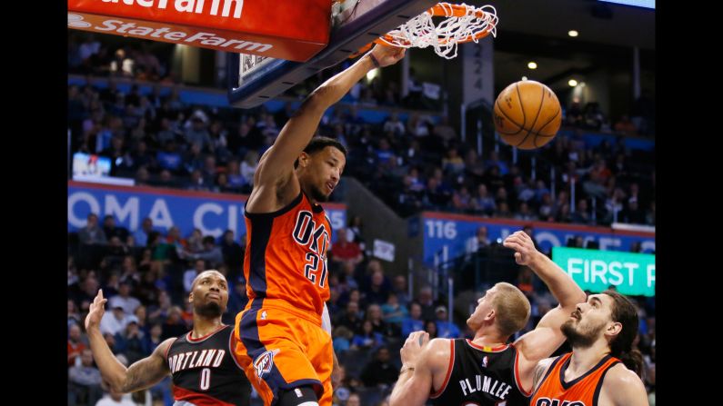 Andre Roberson dunks against Portland during an NBA basketball game in Oklahoma City on Sunday, February 5.