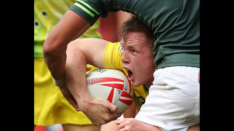 Australian rugby player Henry Hutchison calls for help during a Sevens World Series match against South Africa on Sunday, February 5. South Africa <a href="index.php?page=&url=http%3A%2F%2Fwww.cnn.com%2F2017%2F02%2F05%2Fsport%2Frugby-sevens-south-africa-england-sydney-world-series%2F" target="_blank">went on to win the tournament</a> in Sydney.