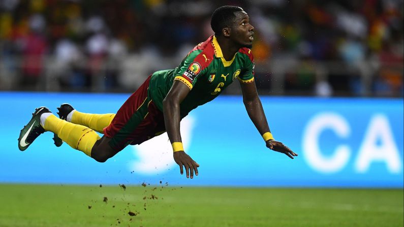 Cameroon defender Ambroise Oyongo goes airborne during the final of the Africa Cup of Nations on Sunday, February 5. Cameroon, playing the tournament without most of its star players, <a href="index.php?page=&url=http%3A%2F%2Fwww.cnn.com%2F2017%2F02%2F05%2Ffootball%2Fafcon-2017-final-egypt-cameroon%2F" target="_blank">won the final 2-1 over Egypt.</a> It is Cameroon's fifth AFCON title.