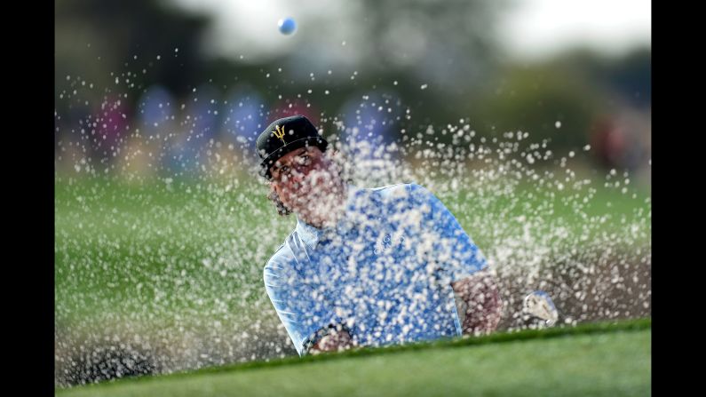 Pat Perez plays a shot out of the sand during the first round of the Phoenix Open on Thursday, February 2.