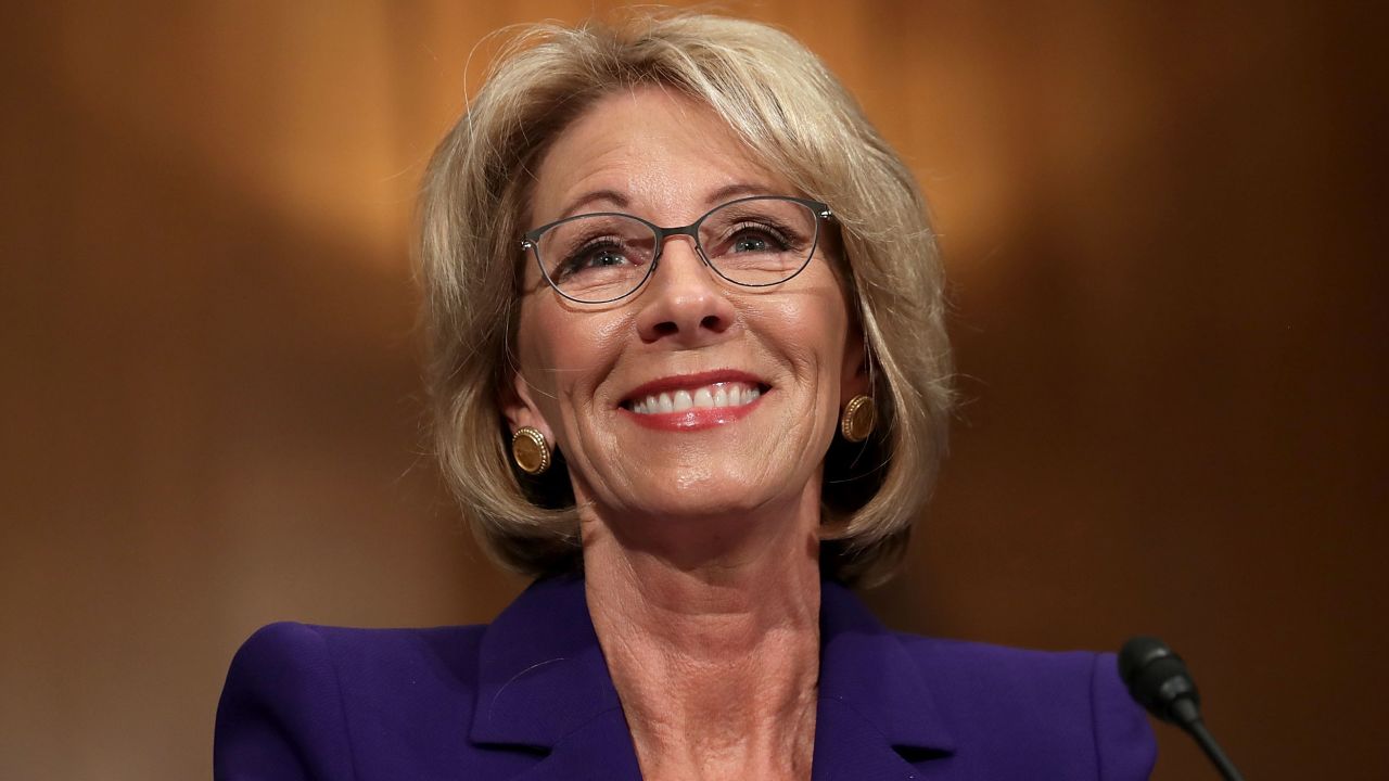 WASHINGTON, DC - JANUARY 17:  Betsy DeVos, President-elect Donald Trump's pick to be the next Secretary of Education, testifies during her confirmation hearing before the Senate Health, Education, Labor and Pensions Committee in the Dirksen Senate Office Building on Capitol Hill  January 17, 2017 in Washington, DC. DeVos is known for her advocacy of school choice and education voucher programs and is a long-time leader of the Republican Party in Michigan.  (Photo by Chip Somodevilla/Getty Images)