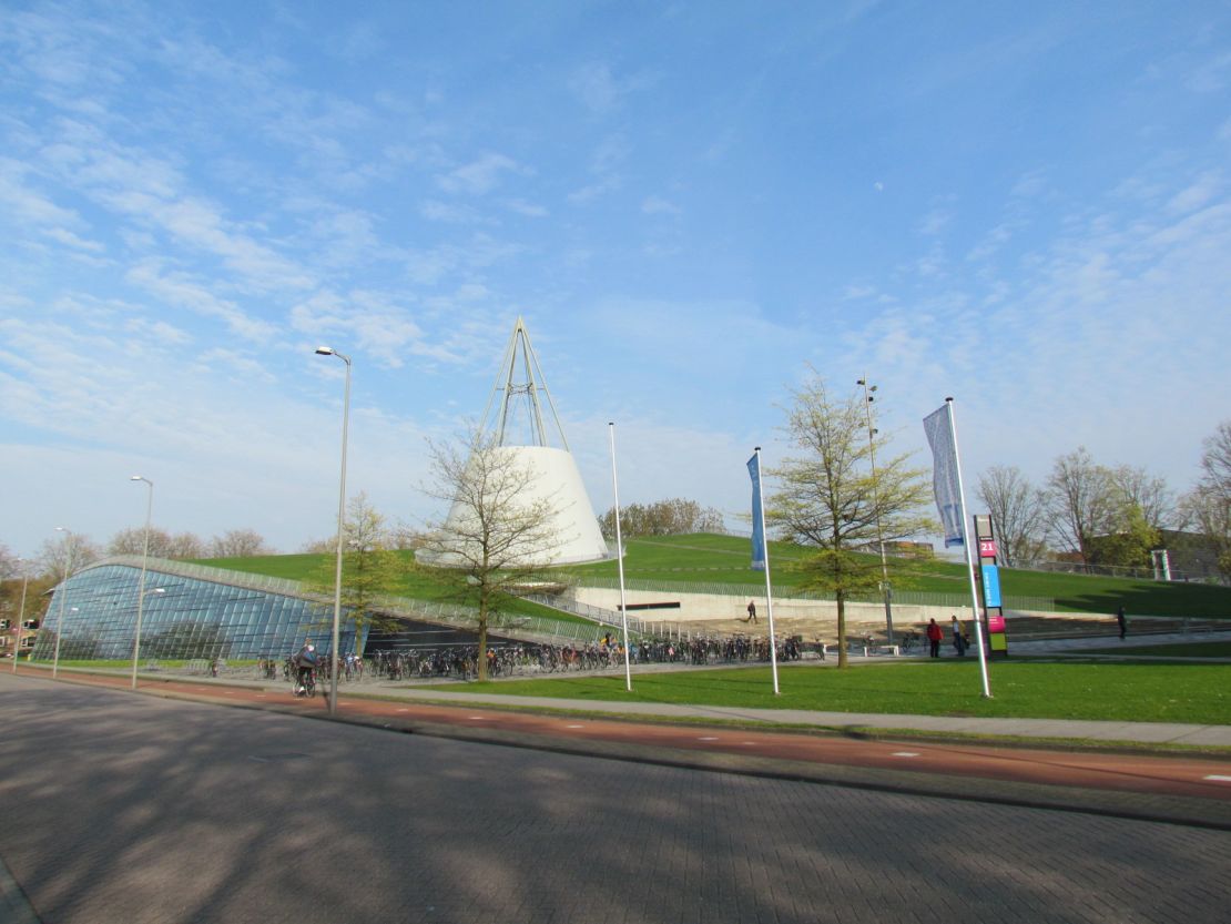 The roof of the TU Delft Library is covered in grass.