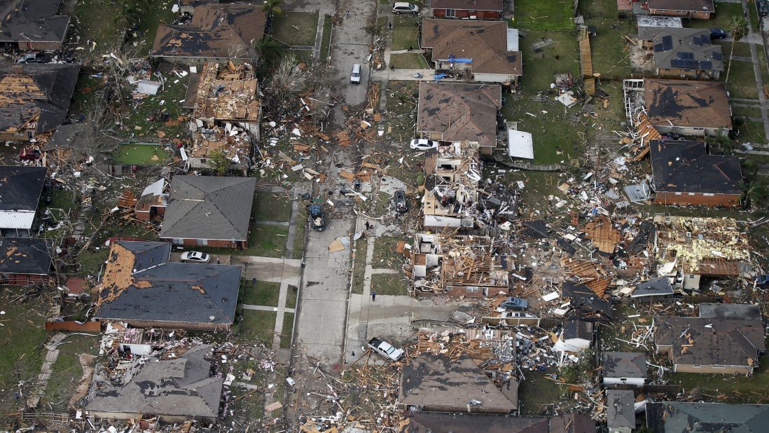 An aerial view of destroyed and damaged homes.