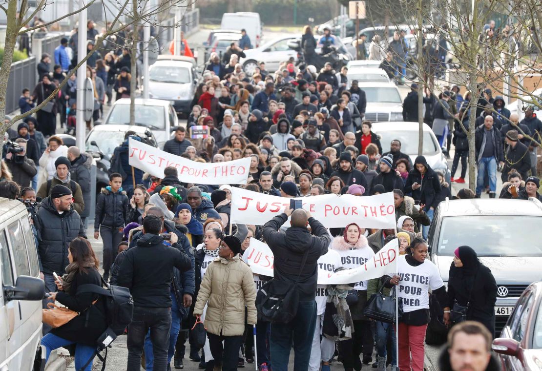 People protest this month in Aulnay-sous-Bois, northern Paris,  following the alleged police assault of a 22-year-old male.