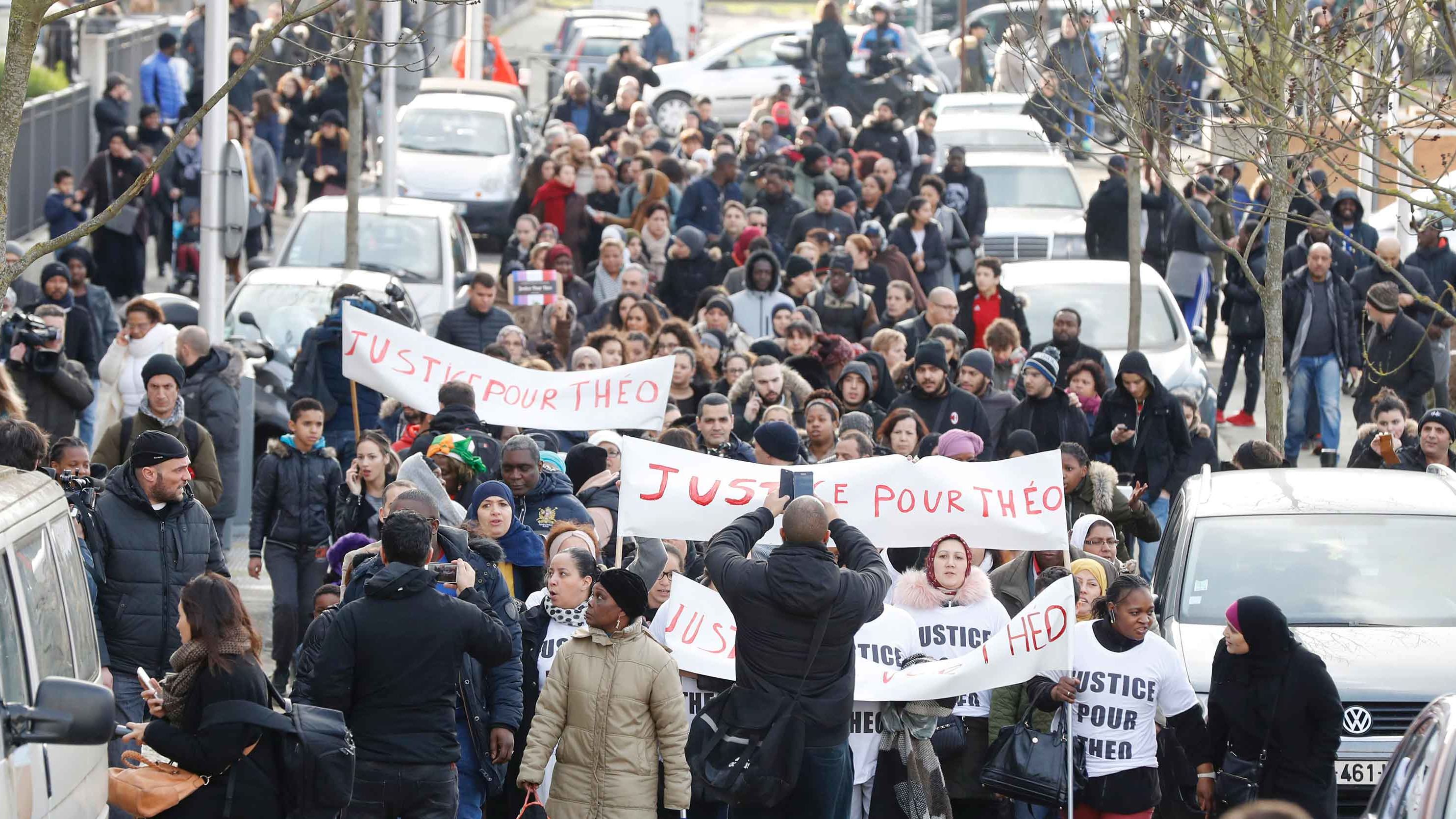 People protest this month in Aulnay-sous-Bois, northern Paris,  following the alleged police assault of a 22-year-old male.