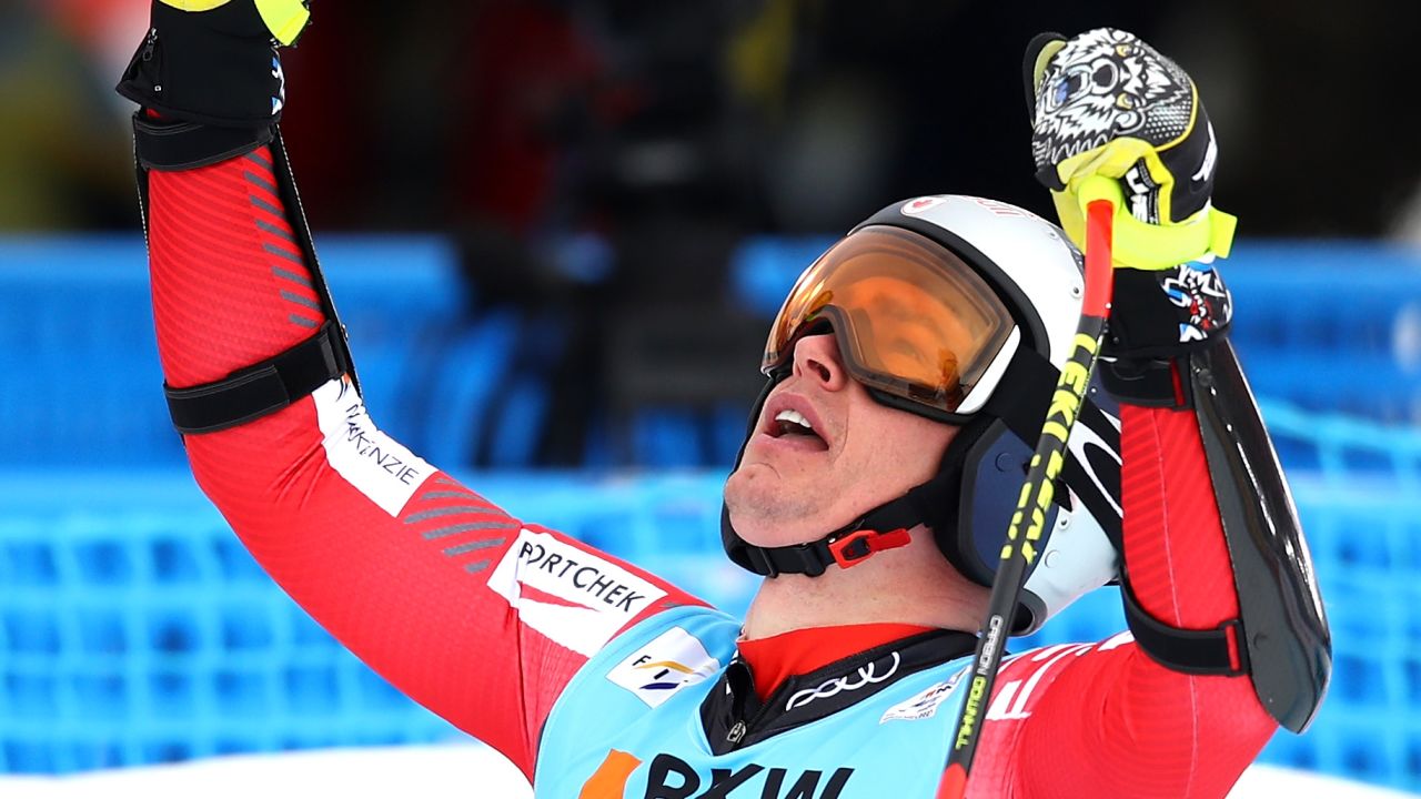 ST MORITZ, SWITZERLAND - FEBRUARY 08:  Erik Guay of Canada celebrates after finishing his run during the Men's Super G during the FIS Alpine World Ski Championships on February 8, 2017 in St Moritz, Switzerland.  (Photo by Julian Finney/Getty Images)