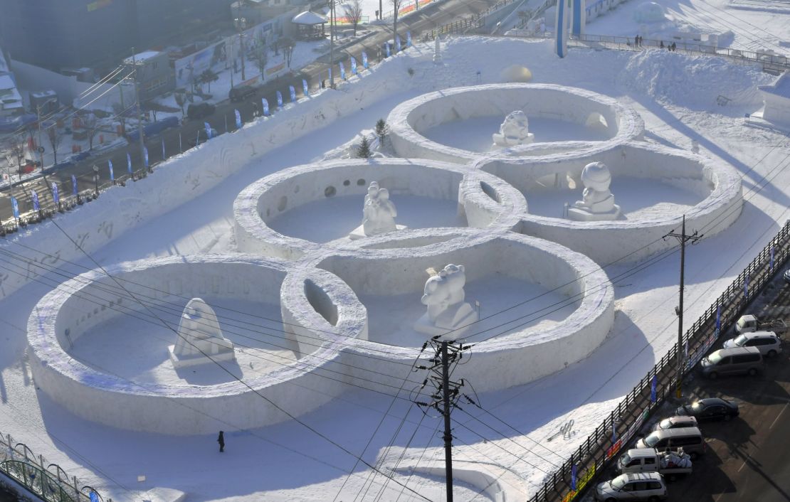 A snow sculpture shaped in the Olympic rings at the town of Hoenggye, which is near the venue for the opening and closing ceremonies.