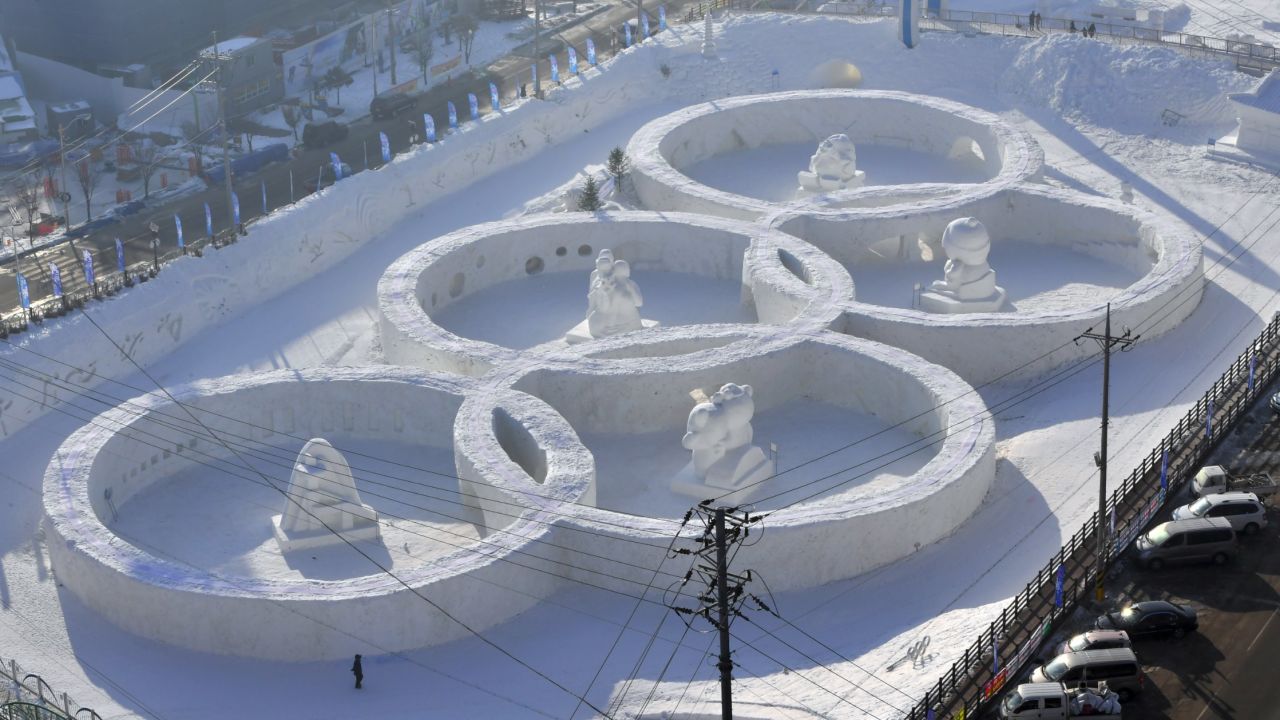 A snow sculpture shaped in the Olympic rings at the town of Hoenggye, which is near the venue for the opening and closing ceremonies.