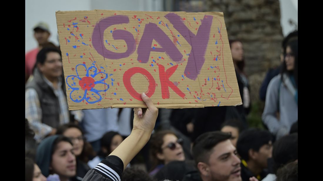 A person in Quito holds a sign during the 2016 parade. Ecuador's constitution prohibits same-sex couples from marrying and the law also prohibits same-sex couples from adopting. Same-sex couples can enter into a civil union. 