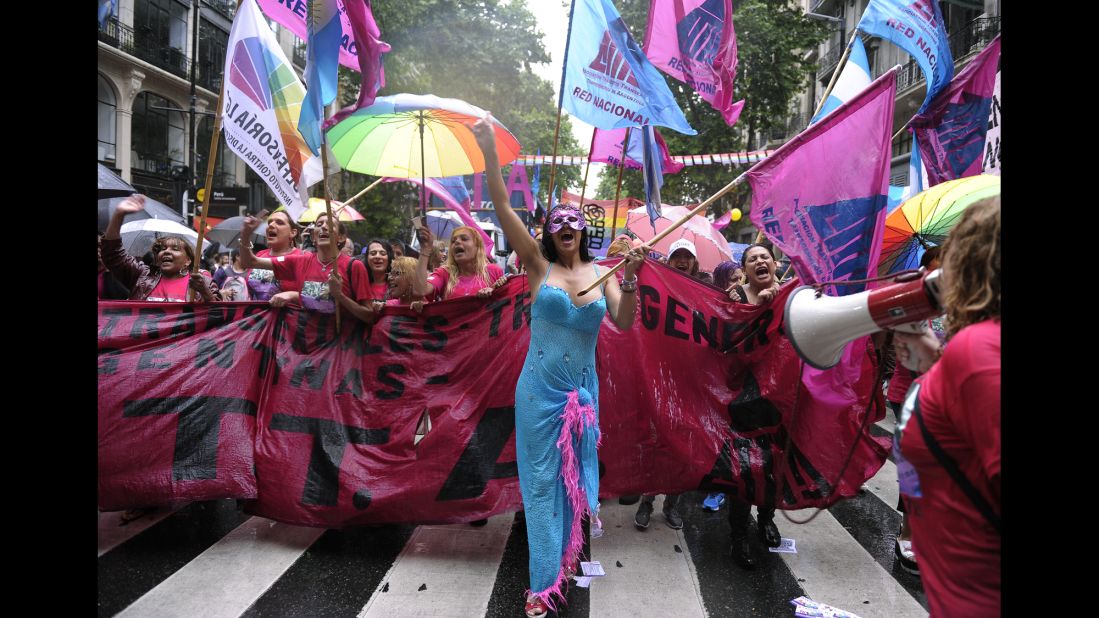 Participants march in the 25th gay pride parade in Buenos Aires, Argentina, on November 26, 2016. While Argentina and Uruguay lead South America when it comes to LGBT rights, activists continue to fight against homophobia and hate crimes.  