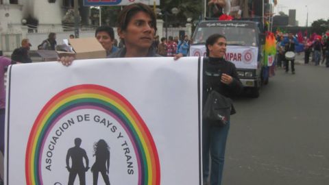 Luis Alberto Rojas Marin marches in a parade in Lima, Peru, holding up a sign for an LGBT non-profit. 