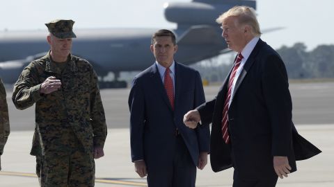 Trump was briefed on the plan by Joseph Dunford (L), MIchael Flynn (C), and James Mattis.