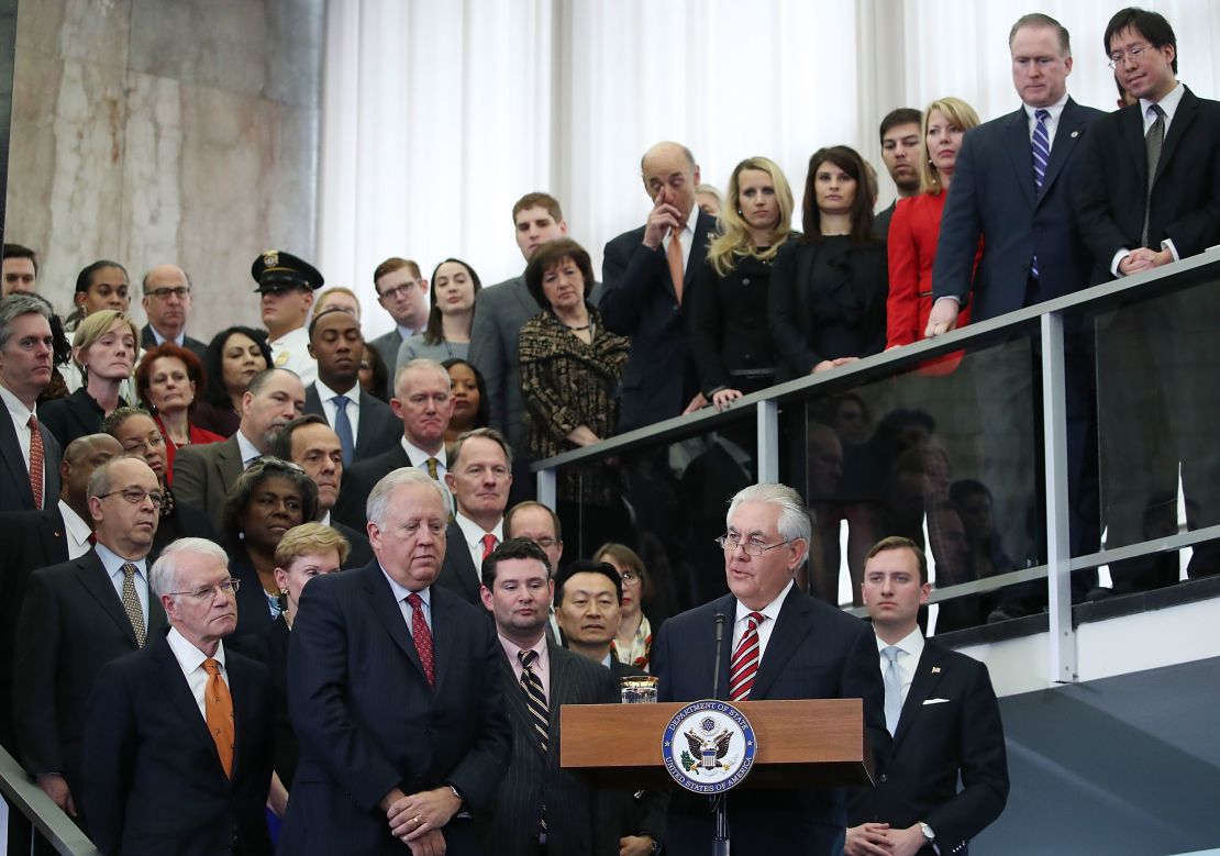 Secretary of State Rex Tillerson speaks to employees upon his arrival at the State Department, on February 2, 2017 in Washington, DC.