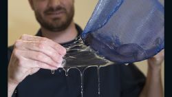 Dr. Ryan Kincer demonstrates the elasticity of the hagfish slime secreted from the the Pacific hagfish within the net aboard Naval Surface Warfare Center Panama City Division (NSWC PCD) Nov. 29, 2016. U.S. Navy photo by Ron Newsome (Released) 161129-N-PB086-014