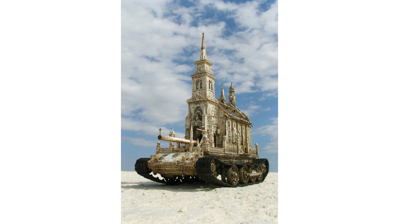 With "Churchtank Type 7C," American artist Kris Kuksi seems to make a statement about religion, war and destruction. 