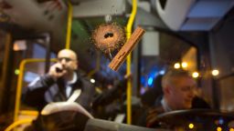 A bullet hole is seen on the windshield of a bus at the scene of a shooting attack in Petah Tikva, Israel, Thursday, Feb. 9, 2017. (AP Photo/Oded Balilty)