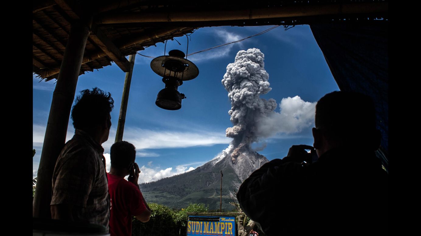 Mount Sinabung releases a cloud of hot ash in Karo, Indonesia, on Saturday, February 4. The volcano last erupted in May.