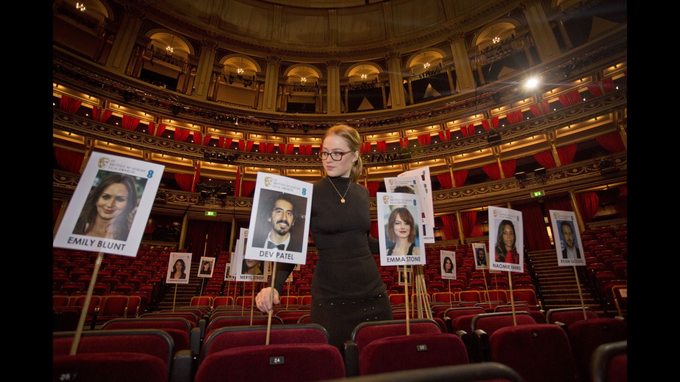 A staff member marks out the seating plan at London's Royal Albert Hall ahead of the EE British Academy Film Awards, which will be held on Sunday, February 12.