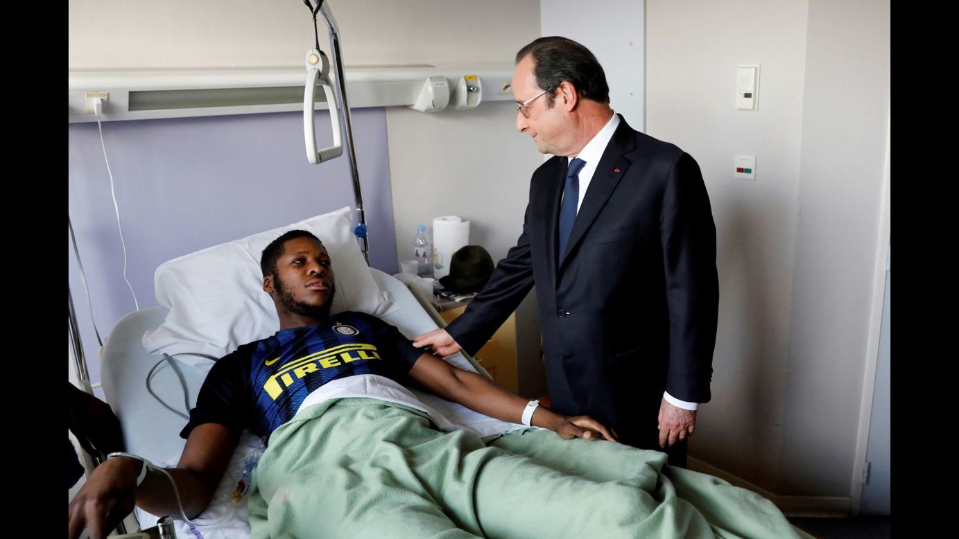 French President Francois Hollande visits a young man, identified only as Theo, at a suburban Paris hospital on Tuesday, February 7. <a href="http://www.cnn.com/2017/02/08/europe/paris-protest-police-rape/" target="_blank">Violence erupted</a> on the edge of Paris and spread to at least five nearby towns after police officers allegedly forced Theo to the ground, beat him and sodomized him with a baton during an identity check last week. The four police officers have been charged with aggravated assault, while one was also charged with rape, according to the Interior Ministry.
