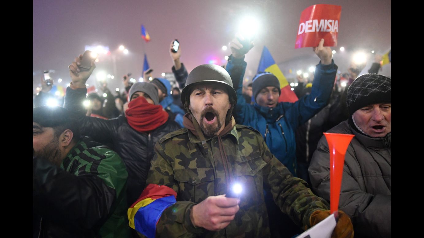 People protest against the government in Bucharest, Romania, on Monday, February 6. Romanian Justice Minister Florin Iordache <a href="http://www.cnn.com/2017/02/09/europe/romania-justice-minister-resigns/" target="_blank">resigned a few days later</a> over a controversial government decree that would have protected many politicians from being prosecuted for corruption offenses.
