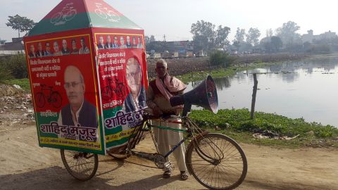 Ahmed, 55, pulls a rickshaw promoting Yadav's party but he's not sure who he'll he vote for: "I will cast my vote for the right person," he says.