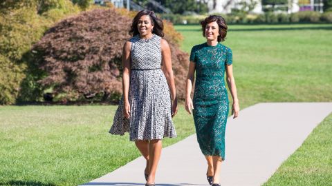 First Lady Michelle Obama, and Mrs. Agnese Landini, make their way out to the White House Kitchen Garden on the South Lawn in Washington, DC, USA, on October 18, 2016.
