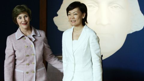 First Lady Laura Bush(L), and Akie Abe, wife of Japanese Prime Minister Shinzo Abe, tour the newly opened museum at the Mount Vernon estate of George Washington, 26 April, 2007, in Mount Vernon, Virginia. 