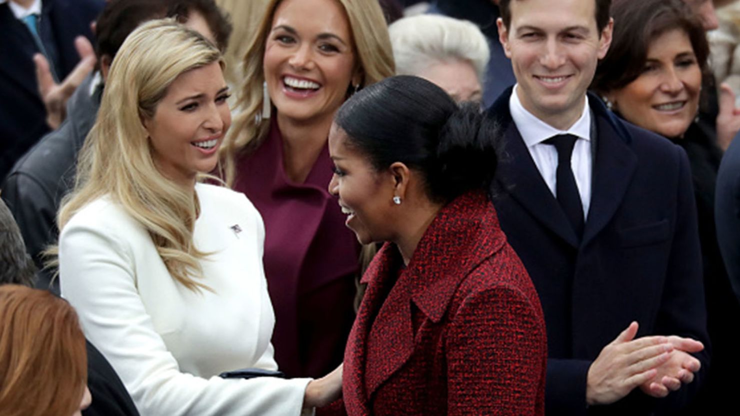 WASHINGTON, DC - JANUARY 20: First lady Michelle Obama (C) greets (L-R) Ivanka Trump, Vanessa Trump and Jared Kushner as she arrives for the inauguration of U.S. President-elect Donald Trump on the West Front of the U.S. Capitol on January 20, 2017 in Washington, DC. In today's inauguration ceremony Donald J. Trump becomes the 45th president of the United States. 