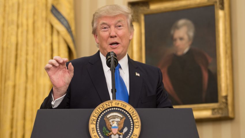 US President Donald Trump speaks before Rex Tillerson was sworn in as Secretary of State in the Oval Office at the White House in Washington, DC, on February 1, 2017.
President Trump notched a victory with confirmation of Rex Tillerson as his secretary of state, but opposition Democrats girded for battle over several other nominations, including his pick for the US Supreme Court. / AFP / NICHOLAS KAMM        (Photo credit should read NICHOLAS KAMM/AFP/Getty Images)