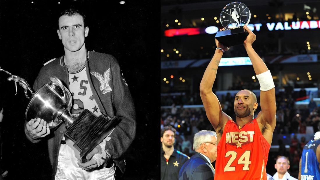 <strong>Most MVP awards:</strong> Bob Pettit, left, and Kobe Bryant each won four All-Star MVP awards during their career. Both also shared one of their awards -- Pettit split with Elgin Baylor in 1959, and Bryant shared the spoils with former teammate Shaquille O'Neal in 2009.