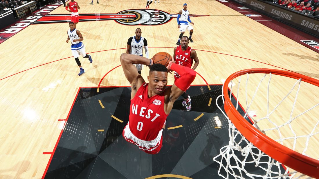 Russell Westbrook throws down a dunk during the 2016 NBA All-Star Game. He was the Most Valuable Player in what was the highest-scoring All-Star Game of all time. The two teams combined for 369 points as the Western Conference won 196-173. A year later, that record was broken when the West won again 192-182. Total points: 374. 