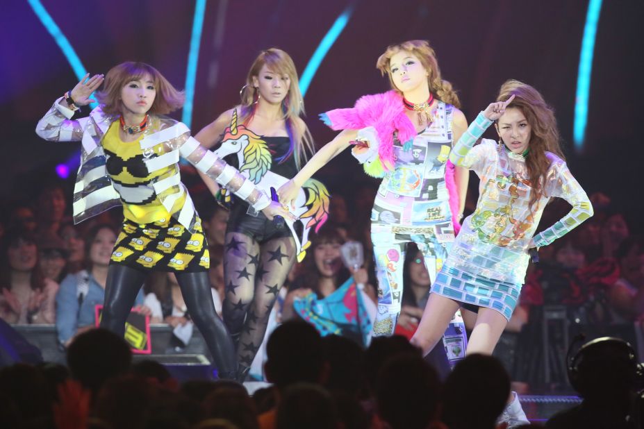 2NE1 at their concert at the MTV Video Music Awards Japan 2012 at Makuhari Messe on June 23, 2012, in Chiba, Japan. The South Korean pop band disbanded November 2016.