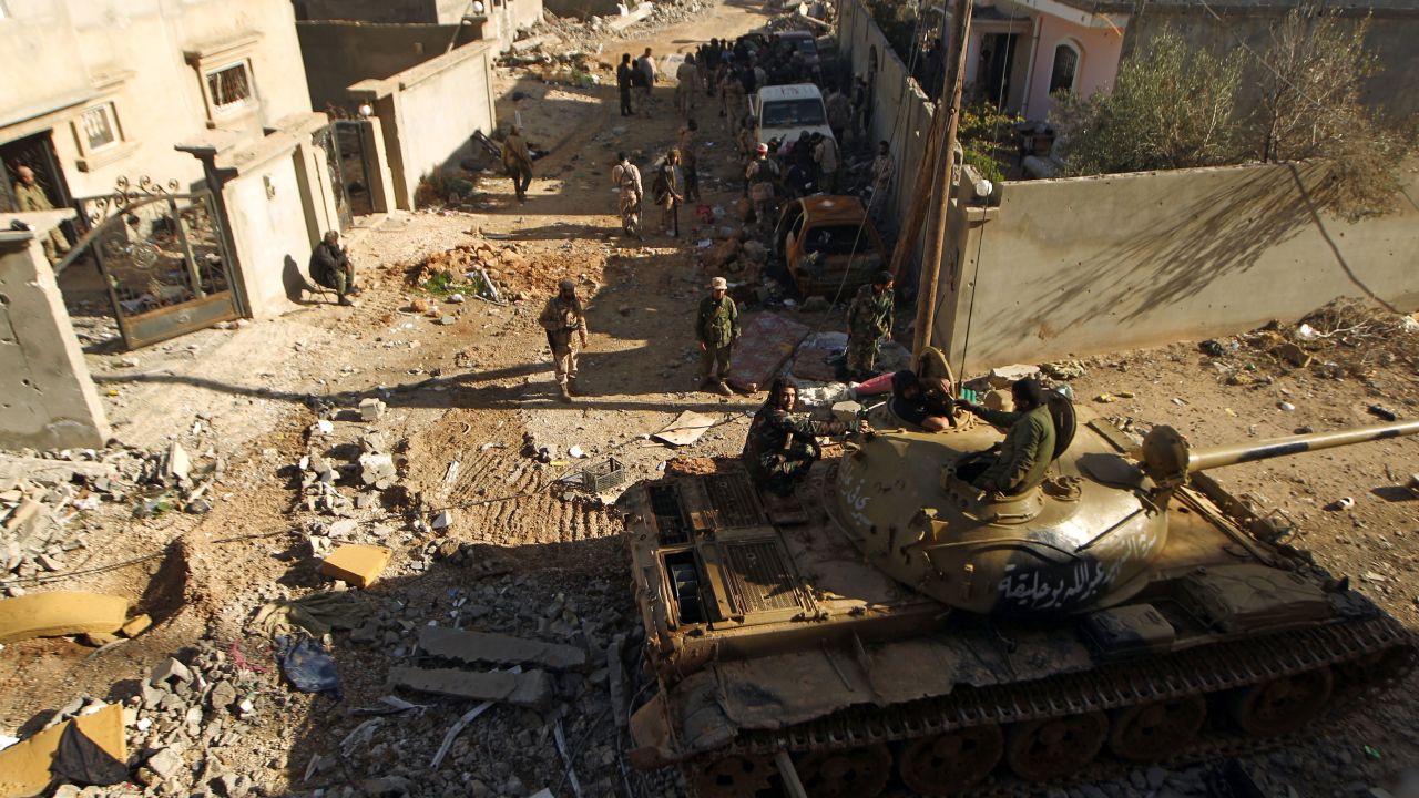 Members of the so-called Libyan National Army seen during fighting on the outskirts of Benghazi, on January 14, 2017.