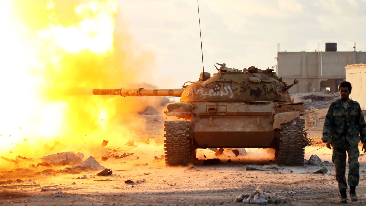 Members of the so-called Libyan National Army fire on jihadists near Benghazi in January.