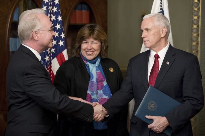 Pence shakes hands with Health and Human Services Secretary Tom Price -- who was accompanied by his wife, Betty -- after a swearing-in ceremony on Friday, February 10. Price, a former congressman from Georgia, <a href="index.php?page=&url=http%3A%2F%2Fwww.cnn.com%2F2017%2F02%2F09%2Fpolitics%2Ftom-price-confirmation-vote%2F" target="_blank">was confirmed 52-47</a> in a middle-of-the-night vote along party lines.