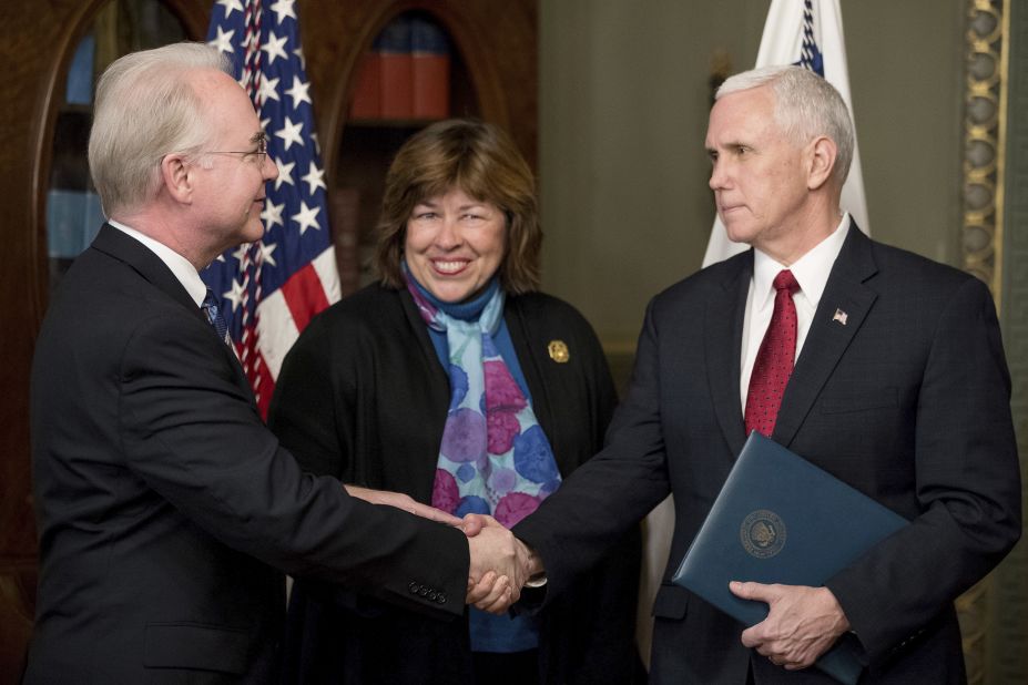 Pence shakes hands with Health and Human Services Secretary Tom Price -- who was accompanied by his wife, Betty -- after a swearing-in ceremony on Friday, February 10. Price, a former congressman from Georgia, <a href="http://www.cnn.com/2017/02/09/politics/tom-price-confirmation-vote/" target="_blank">was confirmed 52-47</a> in a middle-of-the-night vote along party lines.