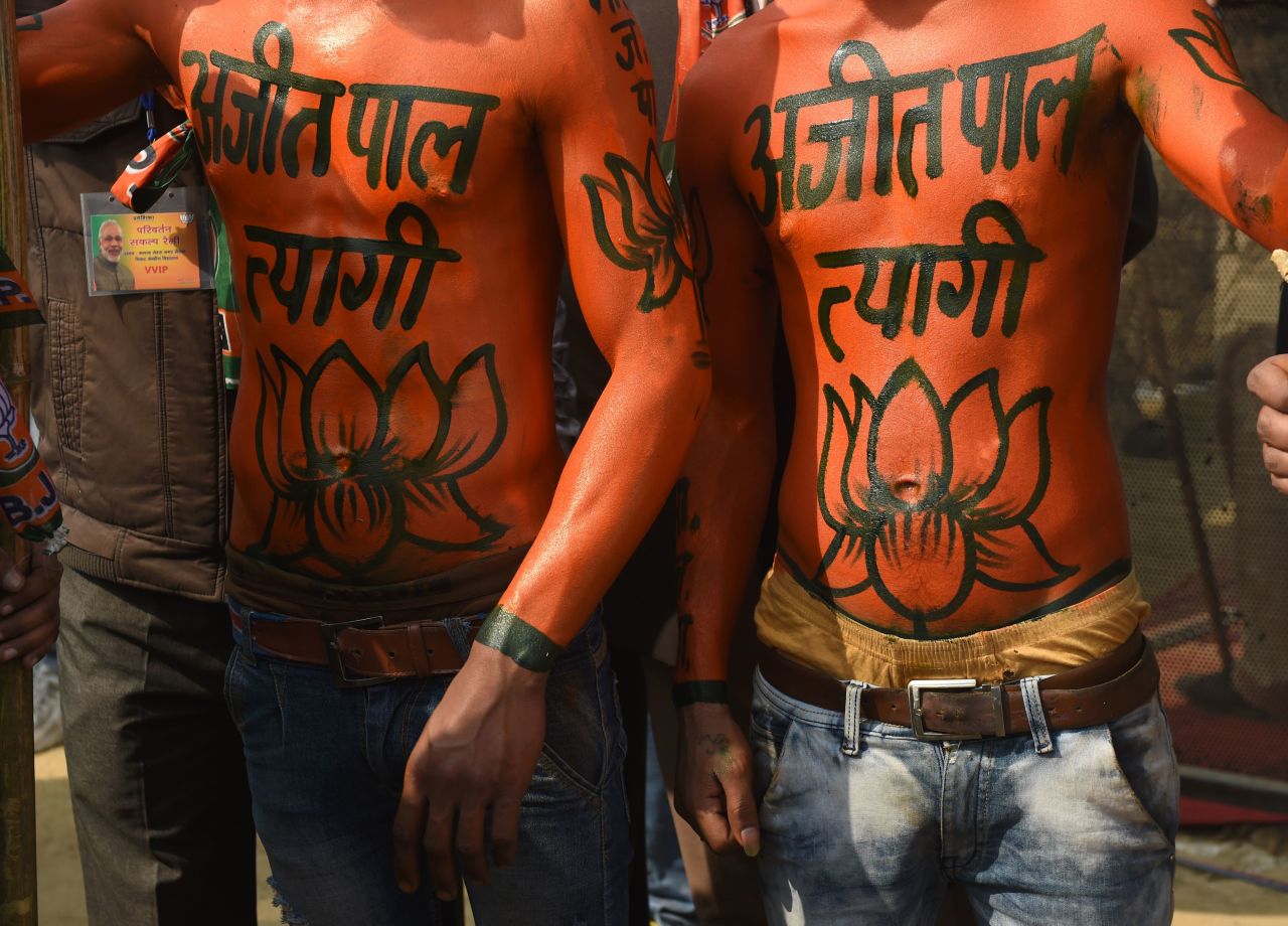 Supporters of the Bharatiya Janata Party (BJP) cheer during an election rally addressed by Indian Prime Minister Narendra Modi in February 2017.