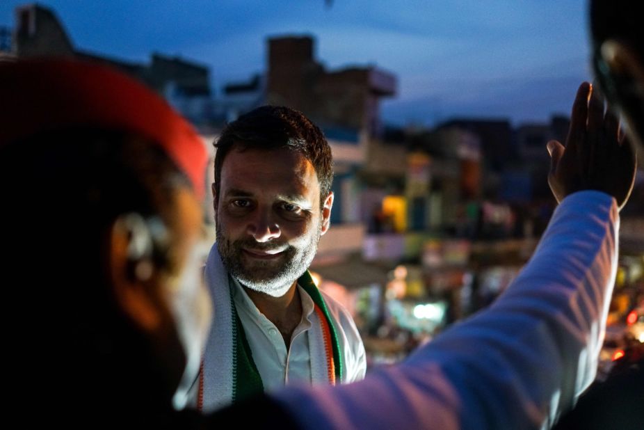 Congress party vice president, Rahul Gandhi, looks at Uttar Pradesh state Chief Minister, Akhilesh Yadav, during a joint election rally in Agra. In January, the two parties revealed they were forging an alliance.
