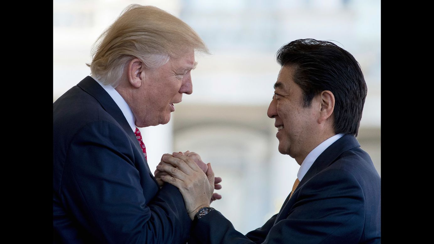 President Trump welcomes Japanese Prime Minister Shinzo Abe outside the West Wing of the White House on Friday, February 10. The two leaders <a href="http://www.cnn.com/2017/02/10/politics/trump-abe-press-conference/index.html" target="_blank">held Oval Office talks</a> and had lunch together in the State Dining Room.
