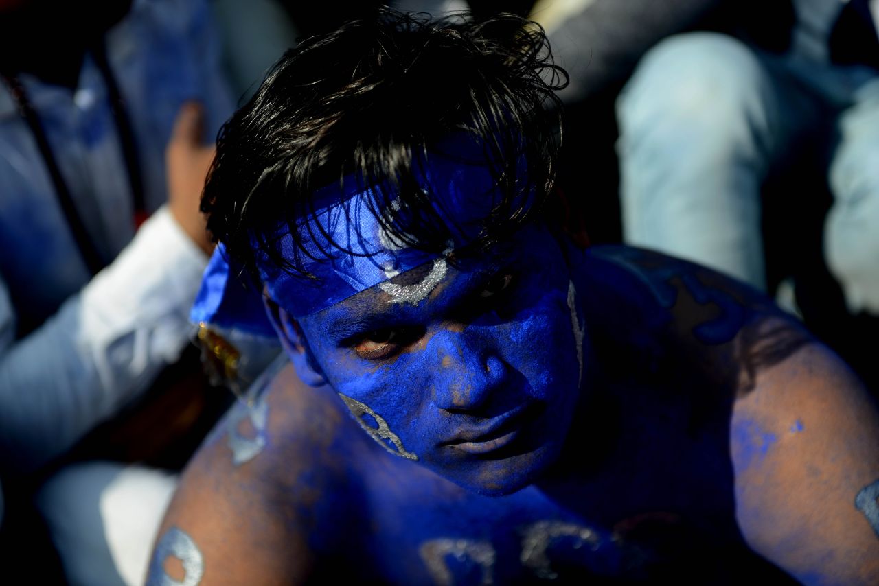 A supporter of the Bahujan Samaj Party (BSP) attends an election rally for leader Mayawati in February, 2017. Millions of voters in Uttar Pradesh, India's biggest state, start to head to the polls on February 11.